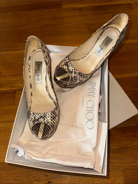 Jimmy Choo Crown Glossy Elaphe Natural Snakeskin Peep-Toe Platform Heels